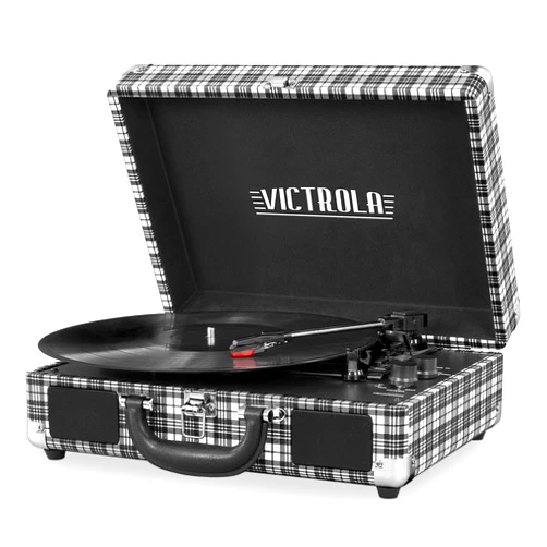 Victrola Vintage 3-Speed Bluetooth Portable Suitcase Record Player with Built-in Speakers | Upgraded Turntable Audio Sound|Black & White, Model Number: VSC-550BT-WX