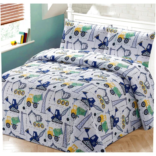 Kids Zone Home Linen 2pc Twin Bedspread Coverlet Quilt Set Kids/Teens Boys Construction Crane Trucks Cement Truck White Blue Green Black Grey New