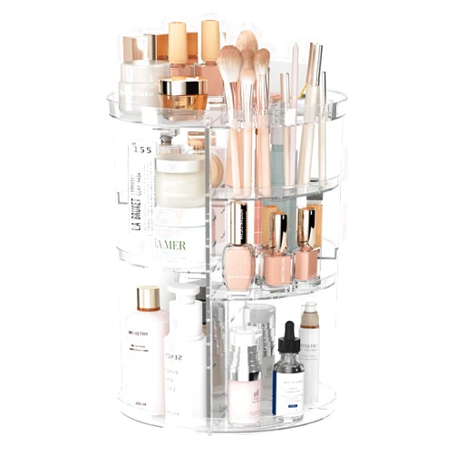 Jiavarry Rotating Makeup Organizer, DIY 8 Adjustable Layers Spinning Skincare Organizer, Cosmetic Display Case with Brush Holder Perfume Tray, Multi-Function Storage Carousel for Vanity Bathroom Countertop
