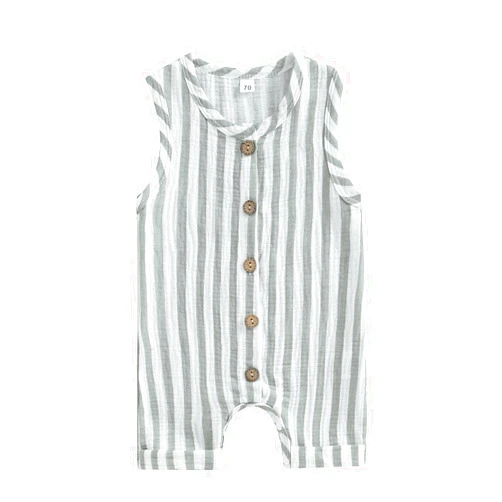 SHUING Infant Baby Boys Girls Cotton Linen Jumpsuits Sleeveless Button Down Striped Short Overalls Romper Summer Fall Outfits