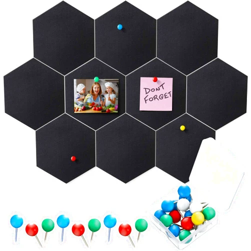 Outus 10 Packs Pin Board Hexagon Felt Tiles Memo Bulletin Board with 20 Pieces Push Pins, Decoration for Home Office Wall(9 x 7.5 Inches/ 22 x 19 cm,Black)
