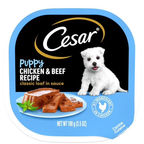 CESAR Puppy Wet Dog Food Classic Loaf in Sauce Chicken & Beef Recipe, (24) 3.5 oz. Easy Peel Trays