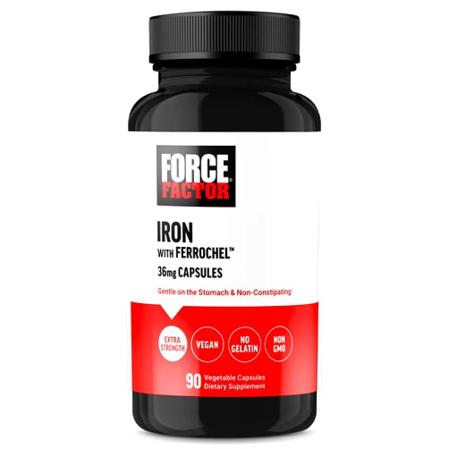 Force Factor, Iron Supplement for Women and Men, Non-Constipating, Gentle on The Stomach, Iron Bisglycinate 36mg, 90 Vegetable Capsules