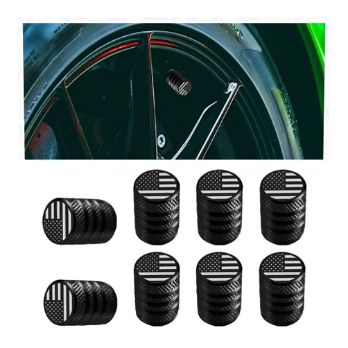 AICEL 8 PCS American Flag Auto Tire Valve Caps, Aluminum Alloy Car Tire Valve Stem Covers, Dust Proof Air Valve Lids Fit for Car, SUV, Bicycle, Truck, Universal Vehicle Accessories (Black)