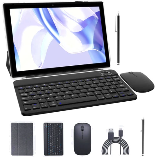 Bnegynng 10 inch Android 12 Tablet with Keyboard, 2 in 1 Tablets Set Include Case Mouse Stylus Film, 4GB RAM+64GB ROM, Quad Core 10.1'' Tab, 6000mAh Battery, 8MP Dual Camera, Google GMS Certification Tableta
