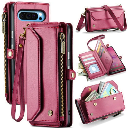WAWZ for Google Pixel 9 Pro XL Case, Women Men Multi-Function Wallet Case with Stand RFID Blocking Featuring Magnetic Closure Zipper Includes Shoulder Strap Wrist Strap (Red)