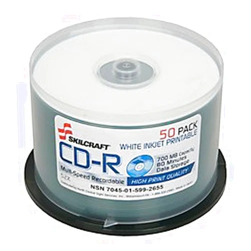 SKILCRAFT 7045-01-599-2655 Inkjet Printable CD-R on Spindle, 700MB Capacity, White (Pack of 50)