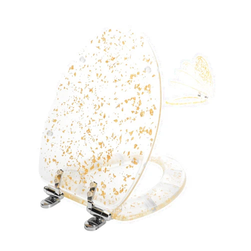 Angol Shiold ELONGATED Gold Resin Toilet Seat Soft Close Quick Release Adjustable Hinges Easy Clean Heavy Duty Toilet Seats Decorative Acrylic Seats (19 Inch, Gold Foil, Upgraded hinge)