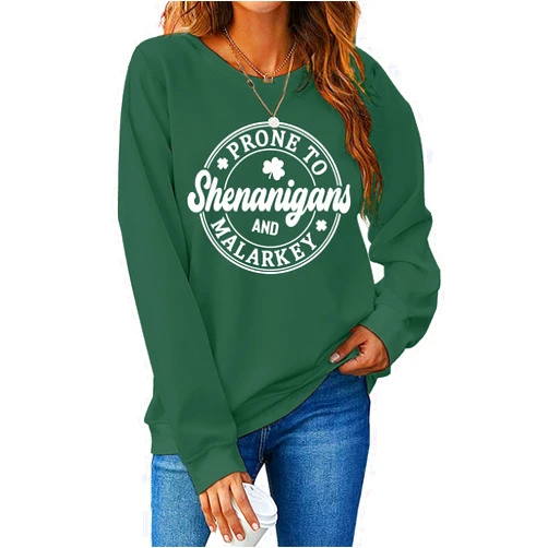 HQP St Patricks Day Sweatshirt Women Shamrock Shirt Long Sleeve Irish Clover Sweater Casual Pullover Tops