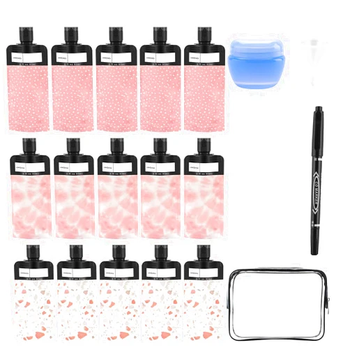 DIBALIYI 21 Pack Squeeze Pouches for Toiletries Liquid, Plastic Portable Refillable Travel Pouches, Leak Proof Fluid Makeup Packing Bag for Lotion Shampoo Conditioner Face Cream Hand Soap (Pink)