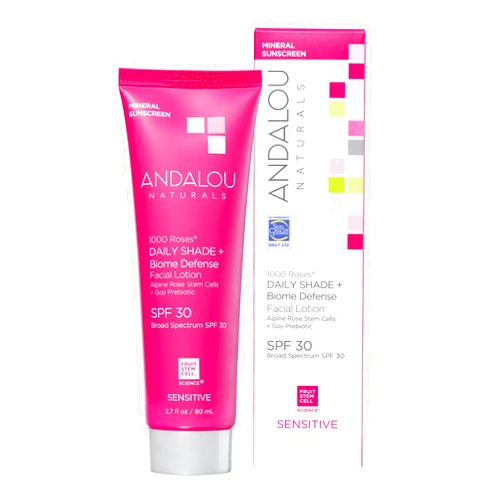 Andalou Naturals Daily Shade Face Sunscreen, 1000 Roses, SPF 30 Mineral Sunscreen with Zinc Oxide, Skin Barrier Defense + Broad Spectrum Protection, Gentle & Soothing, for Sensitive Skin - 2.7 Fl Oz