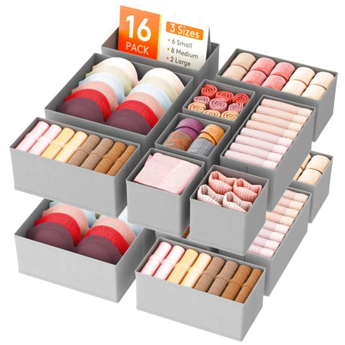 Lifewit Drawer Organizer Clothes for Closet 16 Pack, 3 Sizes Underwear Wardrobe Drawer Dividers, Fabric Foldable Dresser Storage Organizer Bins for Sock, Bra, Lingerie, Undies, Grey