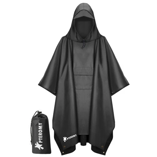 PTEROMY Hooded Rain Poncho for Adult with Pocket, Waterproof Lightweight Unisex Raincoat for Hiking Camping Emergency