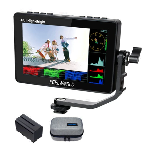 FEELWORLD F5 Prox 5.5 Inch 1600nit High Bright DSLR Camera Field Monitor with F750 Battery 4400mAh and Bag, Touchscreen Waveform LUT External Install and Power Kit 1920x1080 HDMI in Out Type-c Input