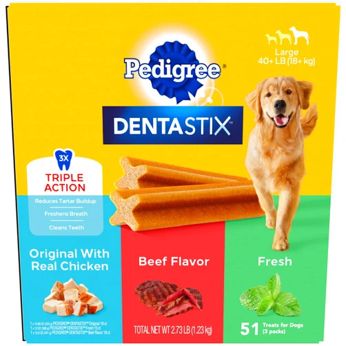 Pedigree Dentastix Large Breed Dog Treats, Original, Beef & Fresh Flavor, 2.73 lb. Variety Pack (51 Treats)