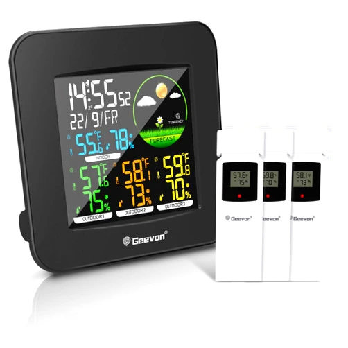 Geevon Weather Station Wireless Indoor Outdoor Thermometer Multiple Sensors, Color LCD Display Digital Weather Thermometer with Alarm Clock, Calendar and Adjustable Backlight