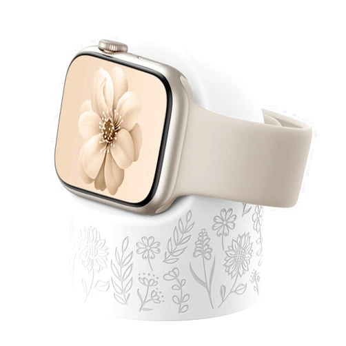 Comvin Floral Charger Stand Compatible with Apple Watch Series 9/8/SE2/SE/Ultra2/Ultra/7/6/5/4/3/2/1 (49mm 45mm 44mm 42mm 41mm 40mm 38mm), Silicone Charger Stand, Supports Nightstand Mode, White