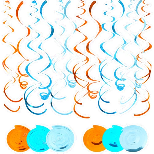 ORG 36 Pcs Blue Hanging Swirl Party Decorations, Orange Blue and Light Blue Ceiling Swirl Foil Streamers Party Supplies for Kids, Carnival Baby Shower and Themed Birthday Party Decoration