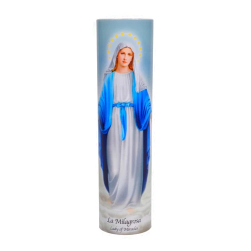 THE SAINTS COLLECTION Lady of Miracles LED Flameless Devotion Prayer Candle, Religious Gift, Safe for Hospitals, Homes, Children, Has 6 Hour Timer for More Hours of Enjoyment and Devotion! Dimensions 8.1875