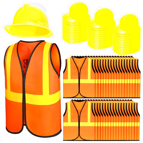 Hillban 72 Pcs Construction Worker Costume Kit Including 36 Hats and 36 Vests - Role Play Accessories for Kids' Themed Birthday Party