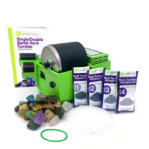WireJewelry Single Barrel Rock Tumbler Kit - includes 1.5 Pounds of Gemstones of The World Stone Mix and 1 Batch of 4 Step Abrasive Grit and Polish with Plastic Pellets