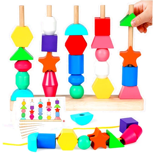 JRUXJWI Montessori Wooden Threading Beads Set for Toddlers 3 4 5, Bead Sequencing & Stacking Toy with Pattern Cards, Lacing Beads, Shape Matching Stacker, Fine Motor STEM Learning Gift