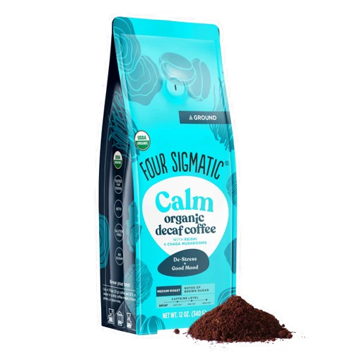 Four Sigmatic Calm Organic Decaf Ground Coffee | Swiss Water Decaf Coffee with Chaga & Reishi Mushroom Extracts | 12oz Bag