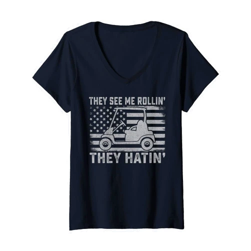 Golf Course Cart Driving 4th July Veteran Golfer Womens Funny Golfer Dad Husband Mens US Flag They See Me Rolling V-Neck T-Shirt