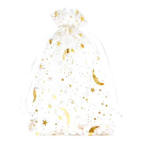Jexila 100PCS Moon Star Organza Bags 5''X7'' White Mesh Drawstring Jewelry Gift Bags for Baby Shower Wedding Party Favor Candy Bags