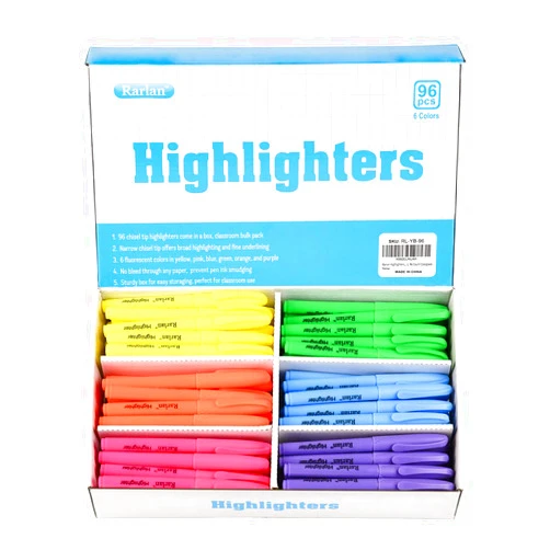 Rarlan Highlighters, Chisel Tip, Assorted Fluorescent, 96 Count Bulk Pack