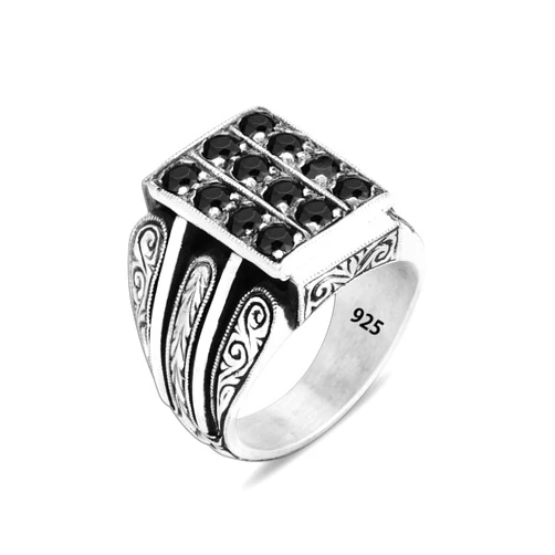 Mercan Silver Men Handmade Black Stone Ring, Engraved Ring, Cz Diamond Stone Ring, Black Onyx Stone Ring, Turkish Handmade Ring,Gift for Him, 925K Silver