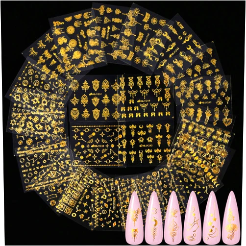 KISSBUTY 24 Pcs Gold Flowers Universe Nail Art Sticker, KISSBUTY Gold Flowers Stars Moon Nail Decals Thin Gummed Flowers Nail Adhesive Stickers Gold Constellation Starry Sky Nail Art Decor