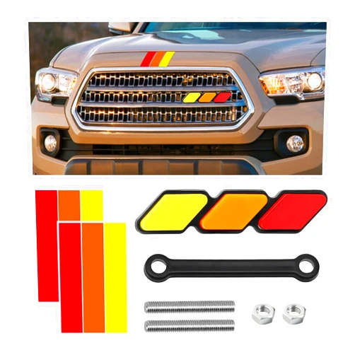 Dickno Tri-Color Grille Badge, Classic Grille Emblem with 3-Color Stripe Decal Sticker, Car Truck Grille Label Decal Decoration Compatible with 4 Runner, Highlander, RAV4 (Yellow & Orange & Red)