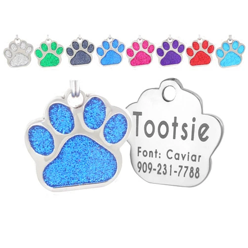 Iaerlllt Pet ID Tags, Personalized Dog Tags and Cat Tags, Custom Engraved, Easy to Read, Cute Glitter Paw Pet Tag (Glitter Blue)