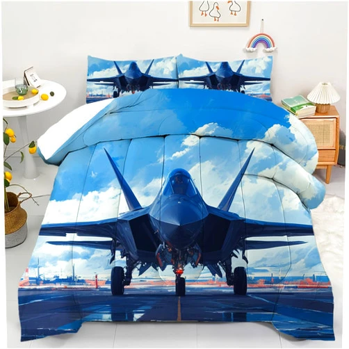 AyPoint Aircraft Comforter Set Full Size Military Aircraft Bedding Set Fighter Jet On The Runway Blue Comforter Set 3PCs 1 Comforter 2 Pillowcases (Full, Fighter)