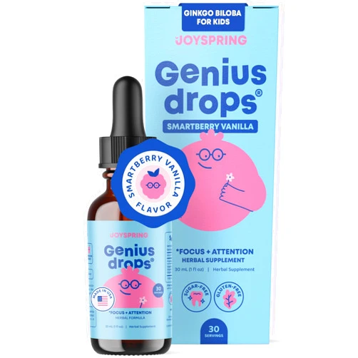 JoySpring Genius Drops Smartberry Vanilla | Herbal Focus Support for Kids with Ginkgo Biloba, Licorice Root, Gotu Kola Extract, Peppermint Leaf | Liquid Formula|1fl oz (30 Servings)