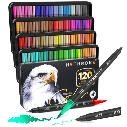 Hethrone 120 Colors Dual Tip Brush Pens, Fine Tip Brush Markers for Adult Coloring Books Drawing Lettering Calligraphy(120 Colors Black)