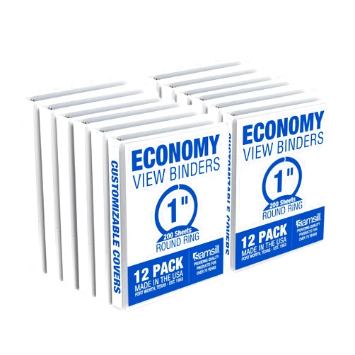 Samsill 1 Inch 3 Ring Binders, Made in USA, Economy Round Ring, Clear View Cover, 200 Sheet Capacity - for School, Home, Office - White, 12 Pack