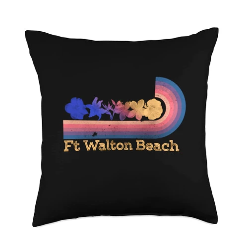 Ft Walton Beach Retro Vintage Themed Designs Retro Ft Walton Beach Tropical Flowers 80's Style Surfing Throw Pillow, 18x18, Multicolor