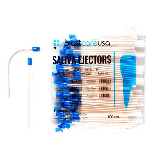 PlastCare USA 100 Dental Saliva Ejectors Disposable - Medical Grade Latex Free Evacuation Suction Tips - Flexible Clear Tube with Blue Tip (100 Pack) by PlastCare USA