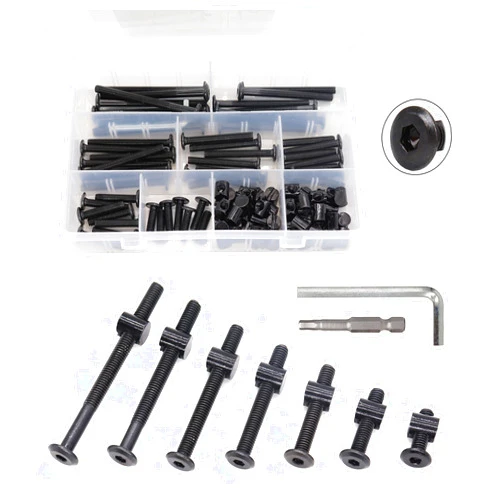 BinifiMux Baby Bed Crib Screws Hardware Replacement Kit, binifiMux 100pcs M6x15mm/25mm/35mm/45mm/55mm/65mm/75mm Black Hex Drive Socket Cap Screws Barrel Nuts Assortment Kit for Beds Chairs Furniture
