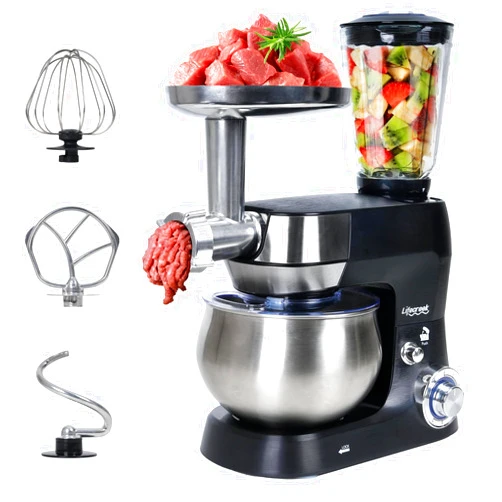 LIFECREEK 6-in-1 Multifunctional Stand Mixer, 5.3Qt 660W, 6-Speed Tilt-head, Electric Kitchen Mixer with Stainless Steel Bowl,Meat Grinder, Juice Blender (Black)