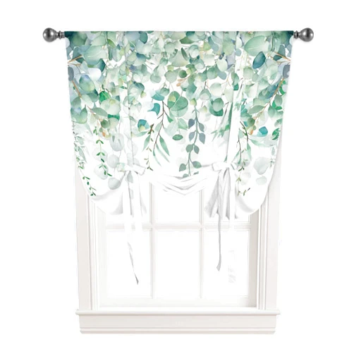 Falaniique Eucalyptus Sage Green Tie Up Curtains for Kitchen Bedroom Living Room Windows, Adjustable Tie-Up Shade Rod Pocket Curtain Valance Drape Vintage Spring Summer Plant Leaves 1 Panel, 42