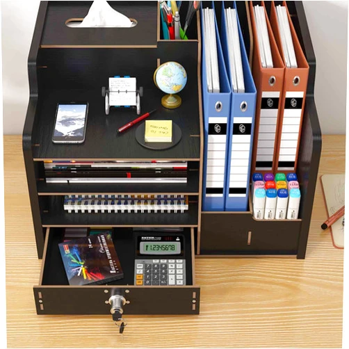CIRONI Wood Desk Drawer Organizers Tabletop Storage Cabinet Organization Box Bookshelf File Organize Pen Holder and Tissue Holder Perfect Office Decor Combo for Desk Finishing(39 * 29 * 29cm, C)