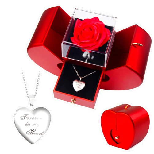 SOVIUPRZ Preserved Rose in A Box Forever Red Roses Heart Box to My Love Eternal Flower Box for Her Girlfriend Wife Mom Preserved Roses with Custom Photo Necklace Cherish These
