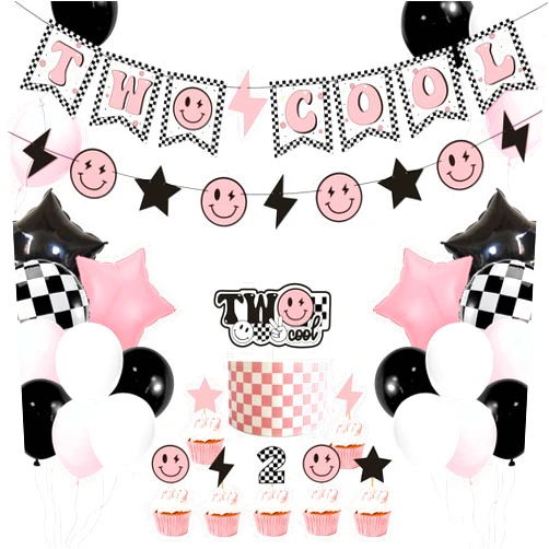 WCOSAM Two Cool Dude Pink Smile-Theme Birthday Party Decoration Set, Two Cool Girl Second Birthday Banner Cake Toppers Pink White Black Checker Balloons for Two Happy Face Party Supplies