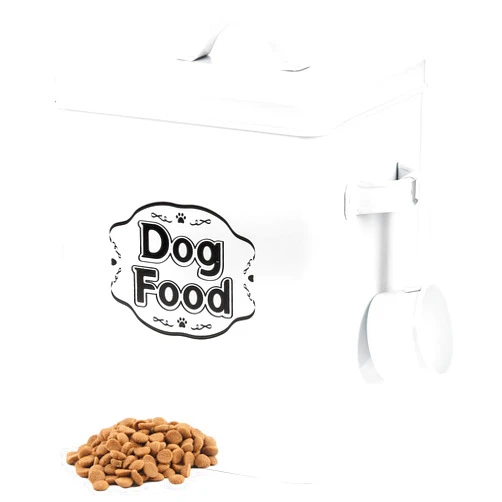 Youeon 5 Lbs- 25 Cup Metal Dog Food Storage Container with Lid and Scoop, Airtight Dog Treat Container, Farmhouse Pet Food Storage Container, Cute Dog Food Canister, Gift for Dogs and Owners, White