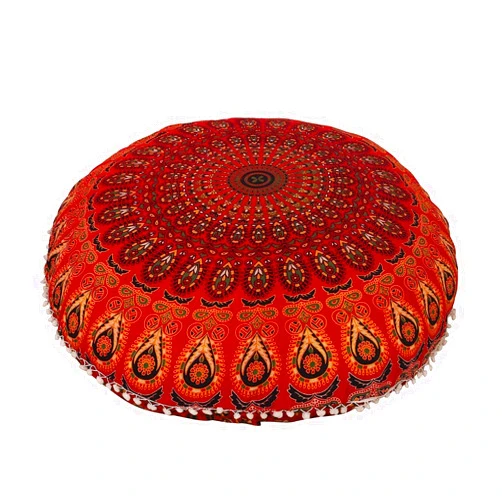 MY DREAM CARTS 32 Inch Red Floor Pillow Seating Throw Boho Meditation Cushion Cover Hippie Decorative Bohemian Round Ottoman Indian Mandala Yoga Pouf Cases Large Sham Peacock Design Home Girls Bed Room Decor Outdoor