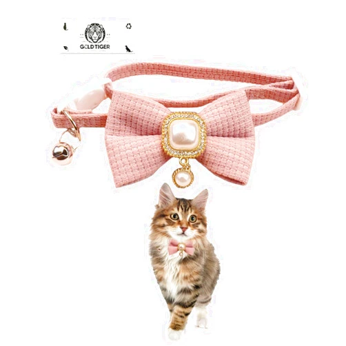 GoldTiger Cute Bowtie Cat Collar with Bell Breakaway, Jewelry Pendant for Girl Cats, Adjustable 8-13 Inch for Kitten (Pink)