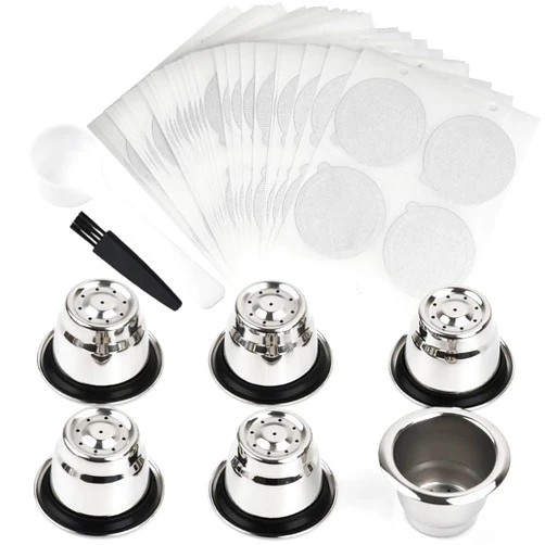 PHMEZLF Reusable Capsules for Nespresso OriginalLine, 6pcs Refillable Espresso Pods Stainless Steel Coffee Pods Compatible for Nespresso Original Line Machines (6 Cups + 200 Lids)
